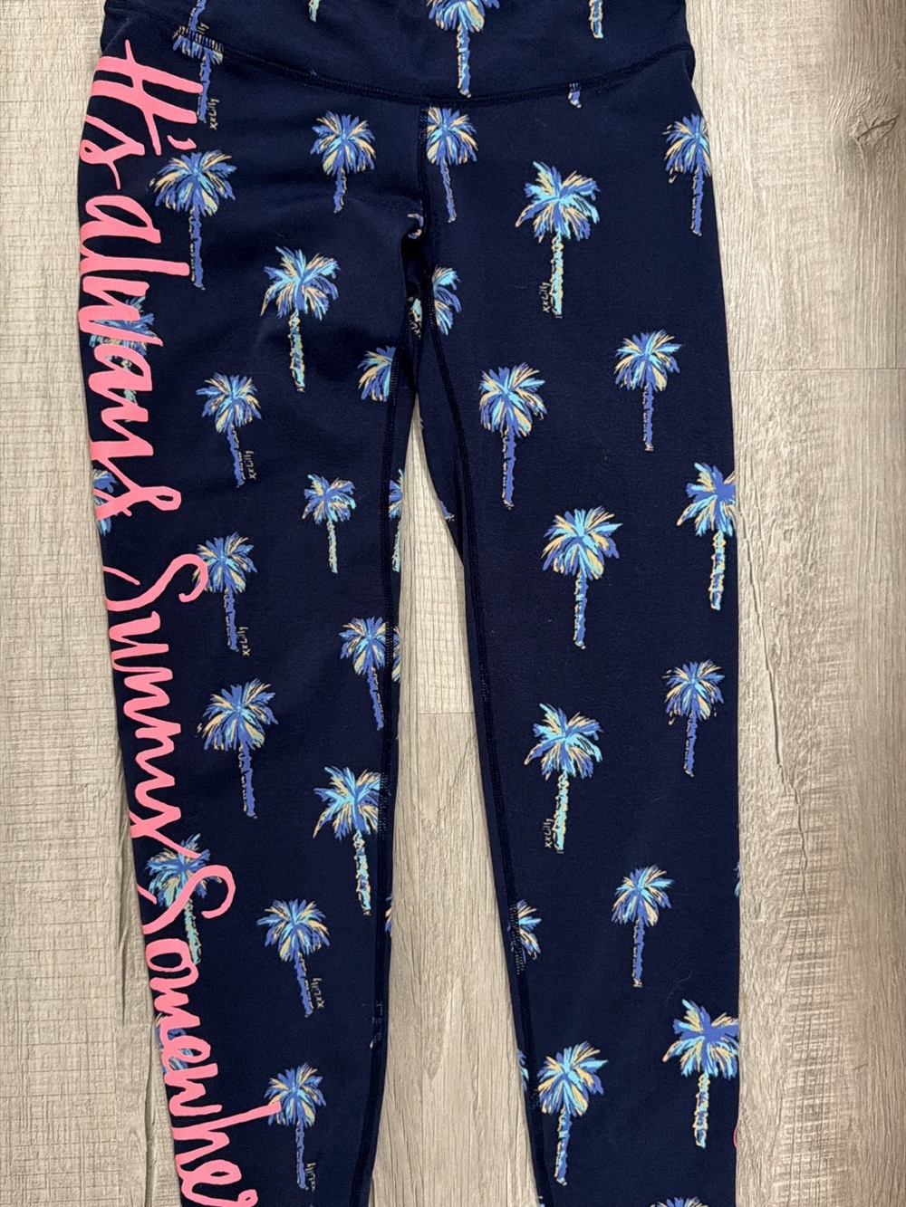 Lilly Pulitzer Navy Leggings with Pink Script & Blue Palm Print